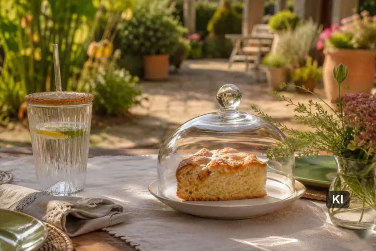 Gedeckter Gartentisch mit Kuchen unter einer Glashaube und abgedecktem Trinkglas, so lassen sich Wespen vertreiben